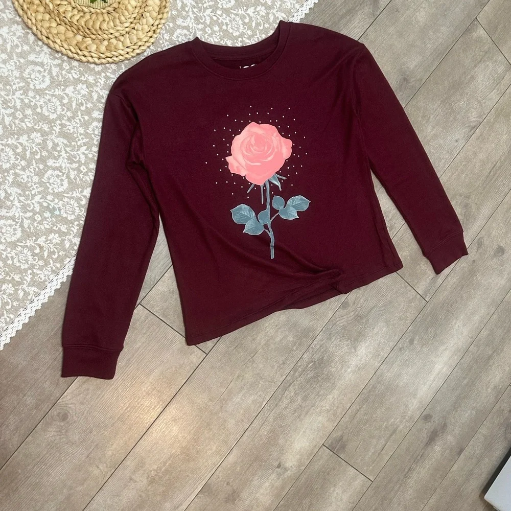 New SO Girls Rose Floral Graphic Long Sleeve Pullover Buttery Soft Size Large